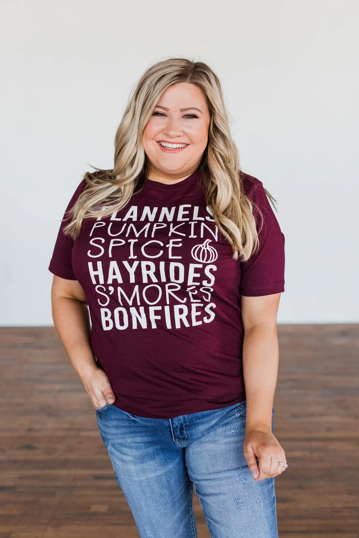 "Flannels, Pumpkin Spice, Hayrides.." Graphic Tee- Deep Maroon