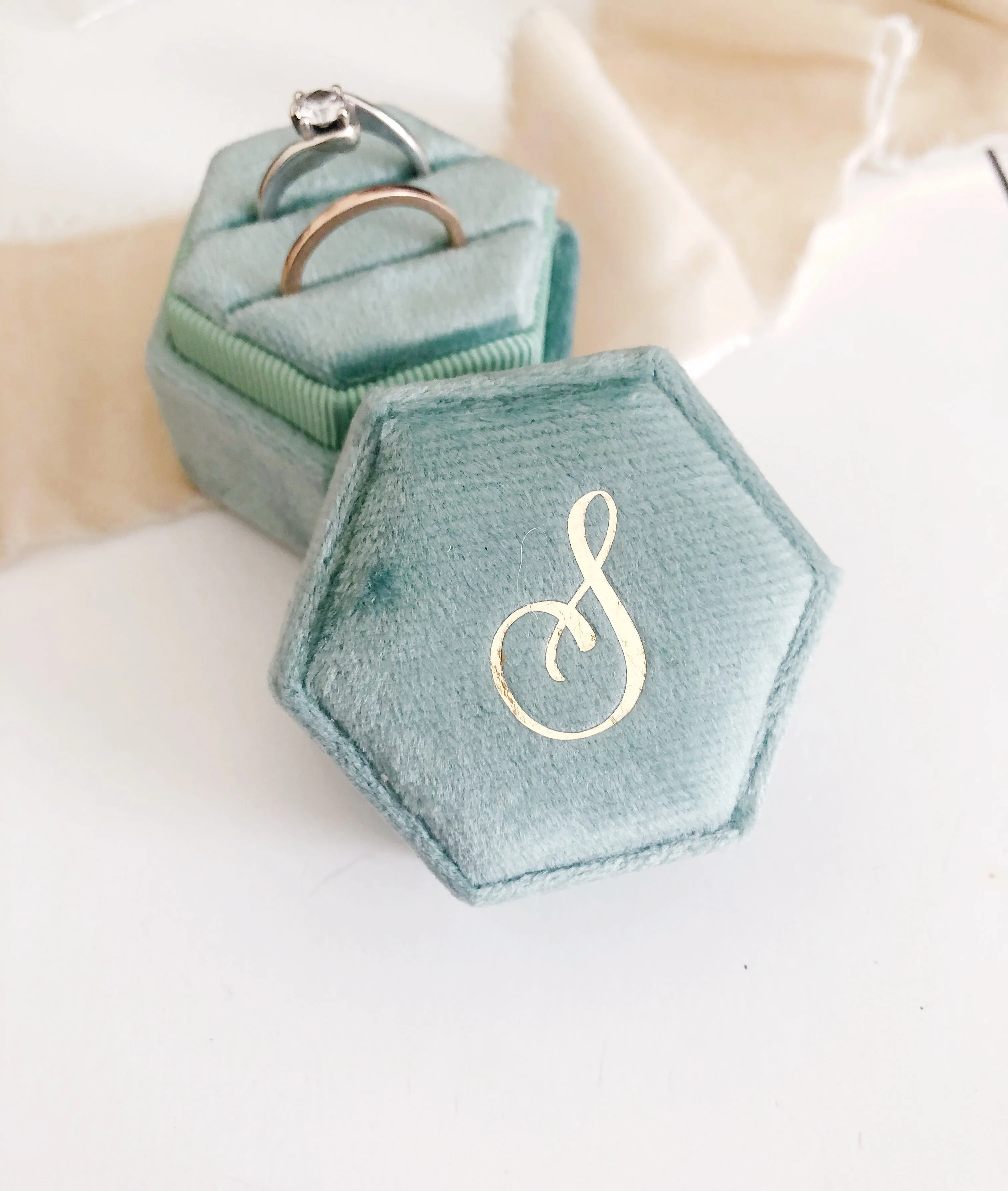 Sage Green Velvet Hexagon Ring Box