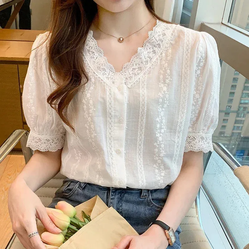 Summer Short Sleeve White Blouse Shirt Women Tops Blusas Mujer De Moda 2024 Verano Lace V-Neck Blouse Women Blouses Blusa F452