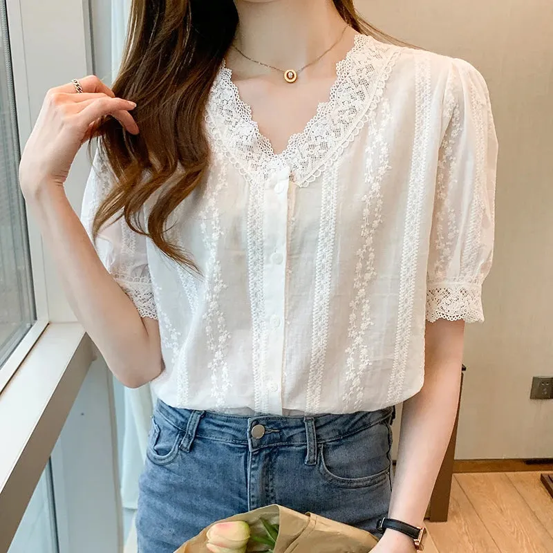 Summer Short Sleeve White Blouse Shirt Women Tops Blusas Mujer De Moda 2024 Verano Lace V-Neck Blouse Women Blouses Blusa F452