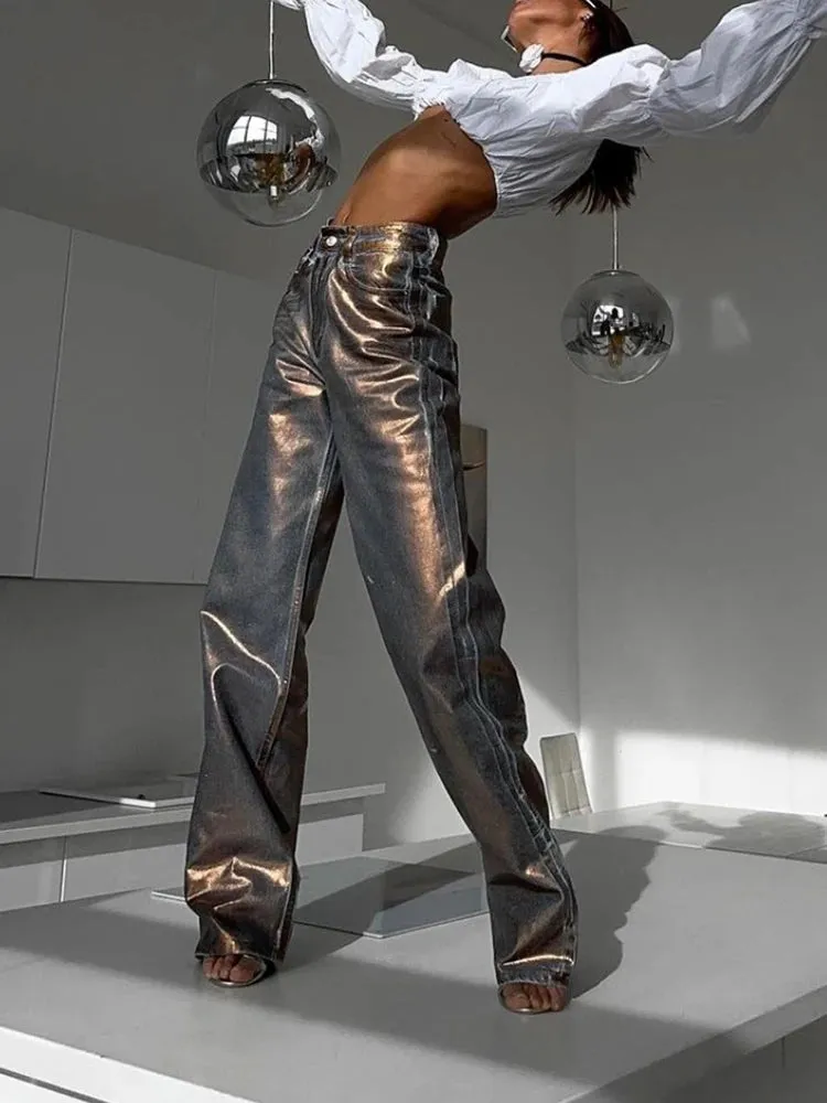 TWOTWINSTYLE Colorblock Patchwork Pocket Jeans For Women High Waist Spliced Button Streetwear Straight Pants Female Fashion New