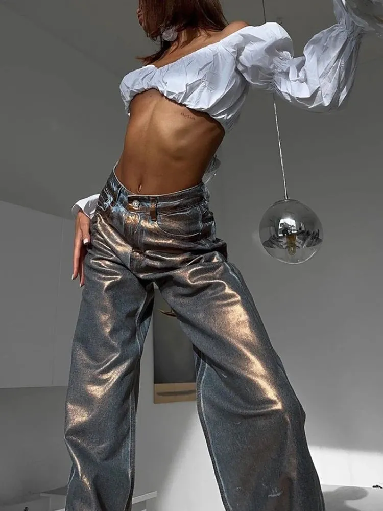 TWOTWINSTYLE Colorblock Patchwork Pocket Jeans For Women High Waist Spliced Button Streetwear Straight Pants Female Fashion New