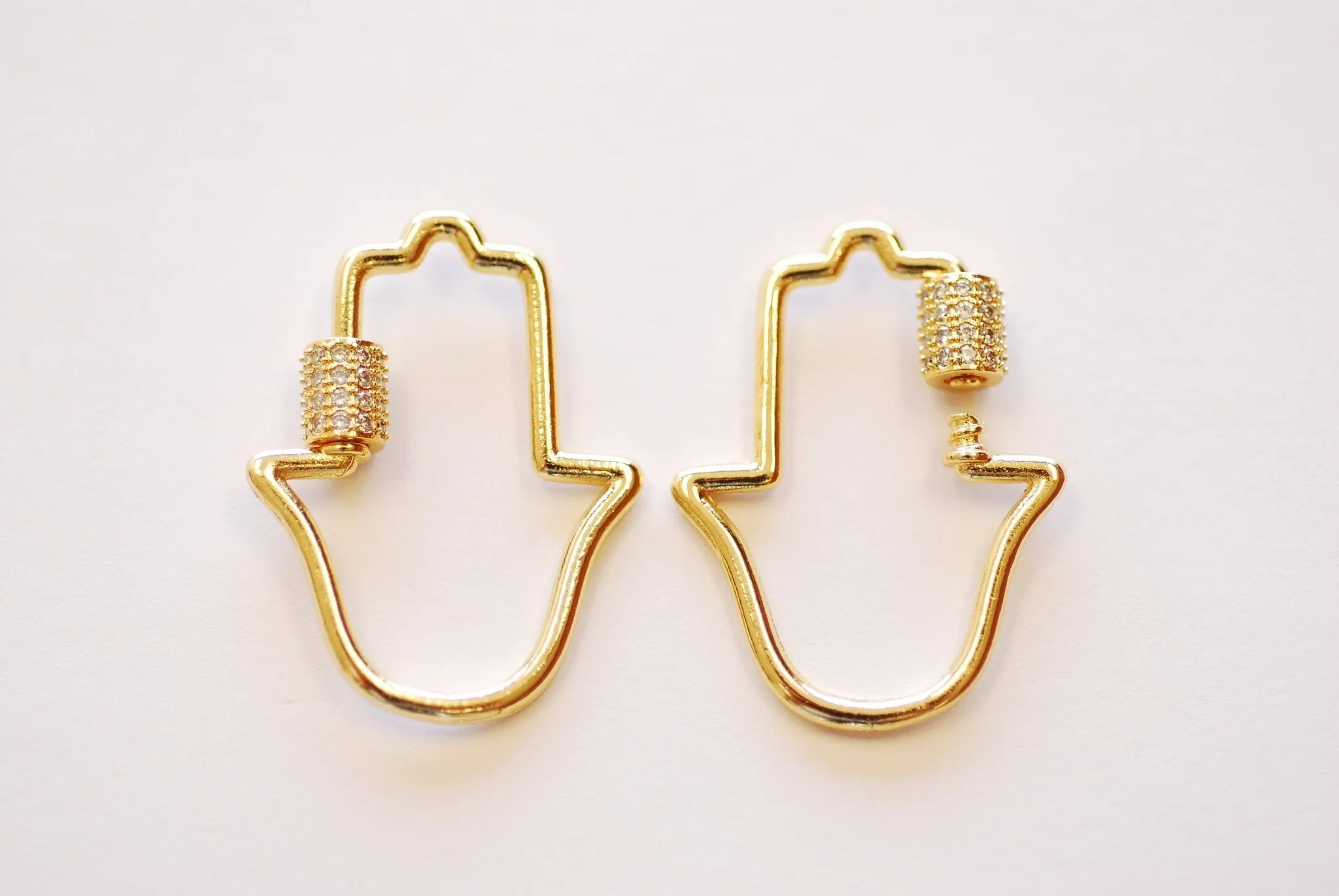 Wholesale Hamsa Hand Ohm Screw Carabiner Clasp Lock Charm - 16k gold plated over Brass Micro Pave Star CZ Cubic Zirconia HarperCrown B275