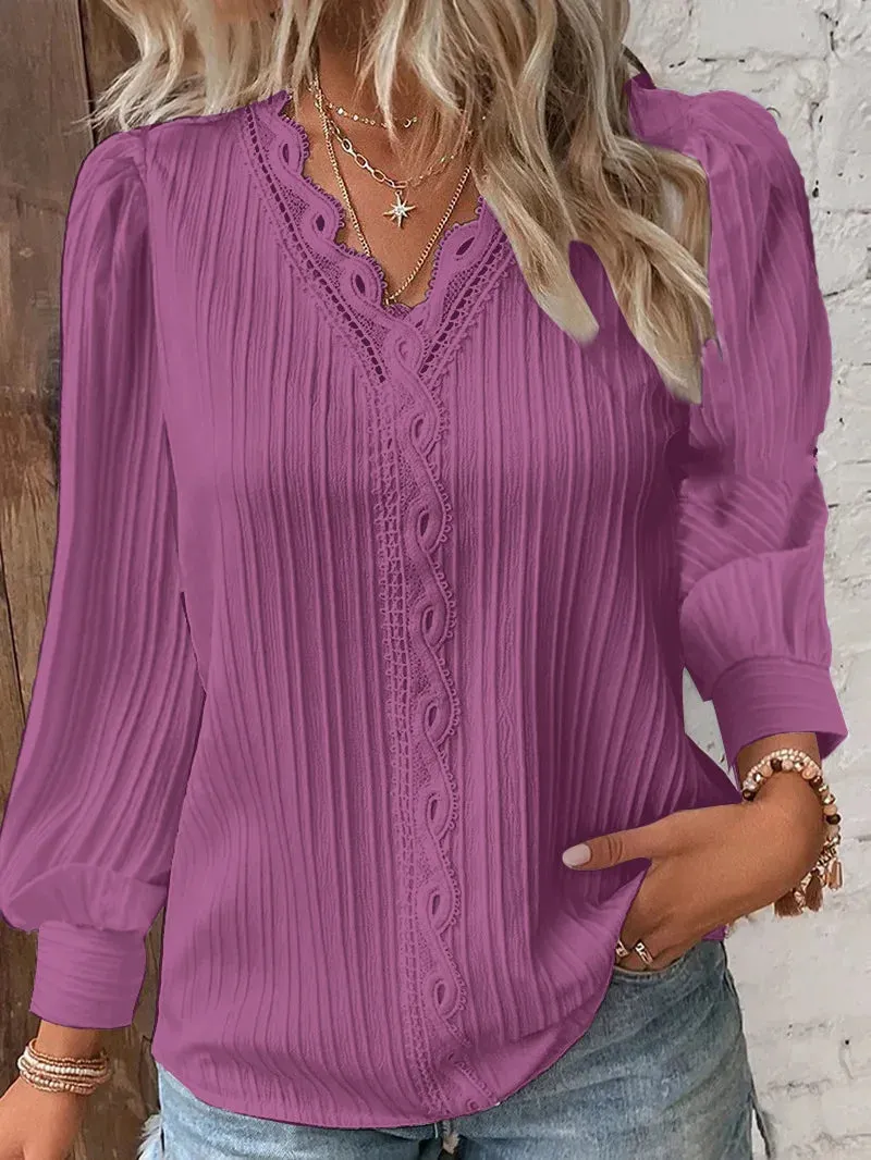 Woman Lace Stitching V-Neck Simple Black Chiffon Shirt Autumn Lantern Long Sleeve Pullover Top Fashion Lady Elegant Street Blous