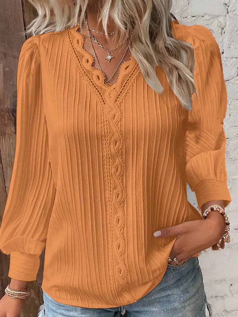 Woman Lace Stitching V-Neck Simple Black Chiffon Shirt Autumn Lantern Long Sleeve Pullover Top Fashion Lady Elegant Street Blous
