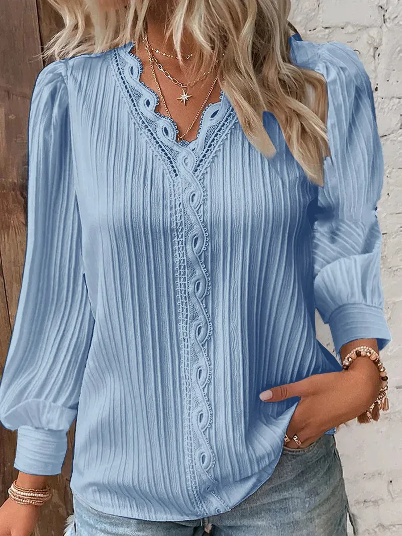 Woman Lace Stitching V-Neck Simple Black Chiffon Shirt Autumn Lantern Long Sleeve Pullover Top Fashion Lady Elegant Street Blous