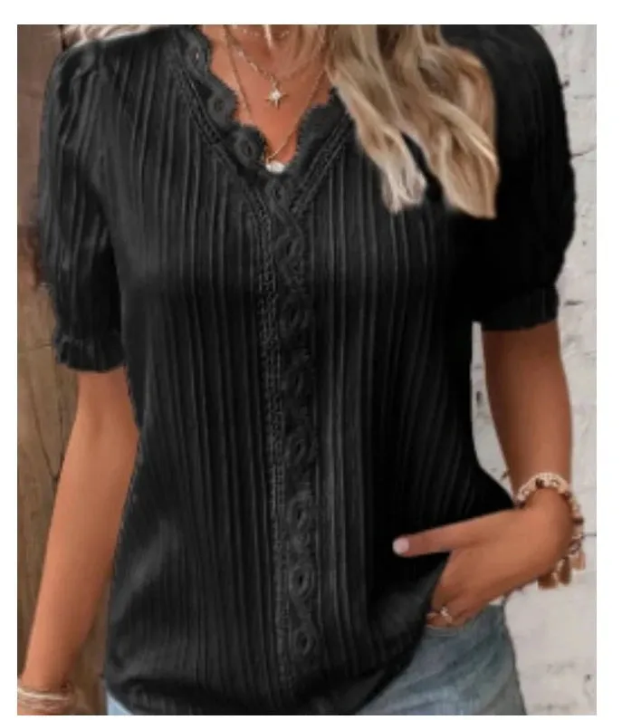 Women's Summer New Top 2024 Solid Sexy V-Neck Hollow Short Sleeve Shirt Fashion Splice Plus Size Blouse Loose Street Apparel