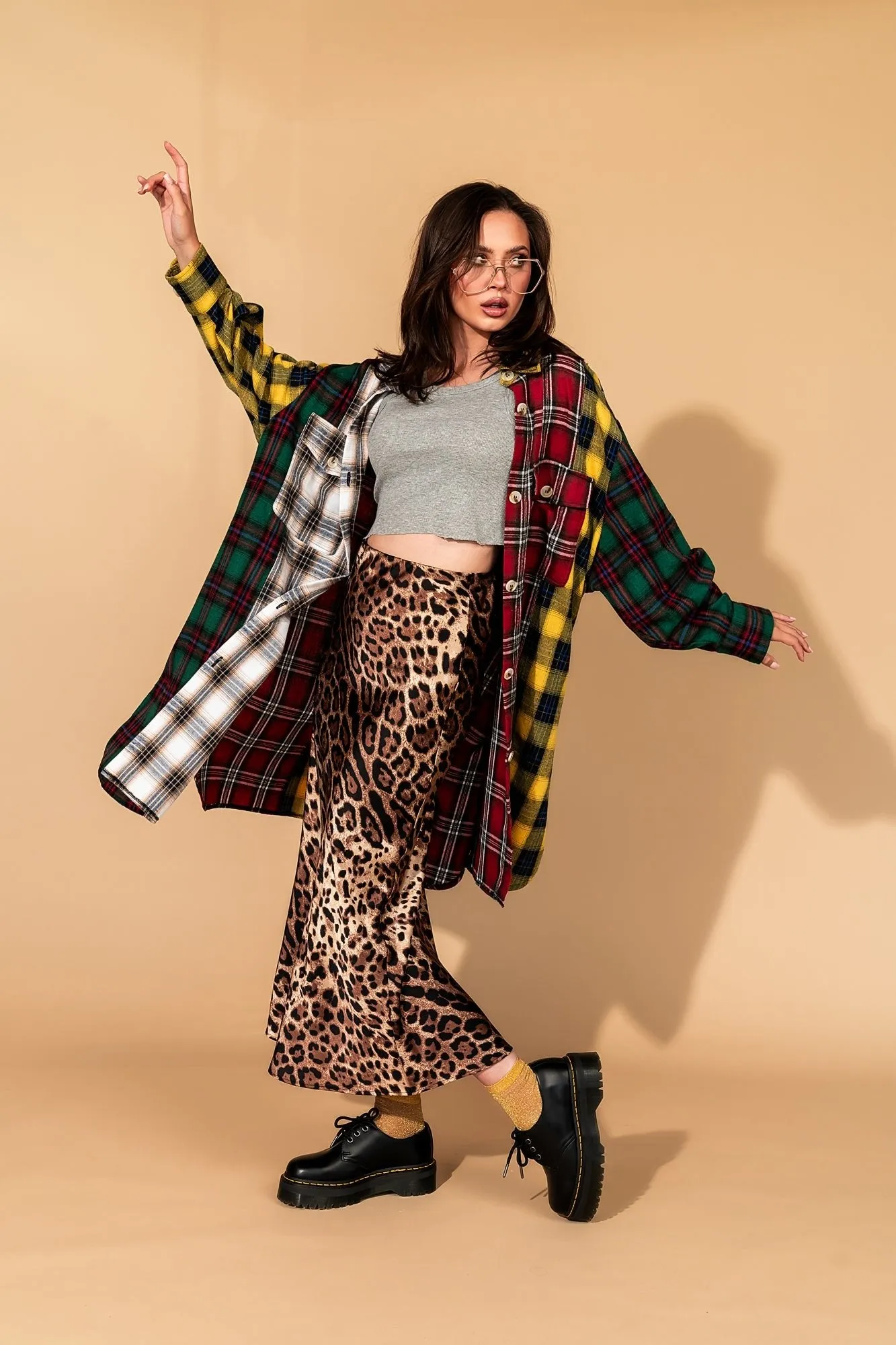 Zuri Oversized Grunge Flannel in Color Block Patchwork